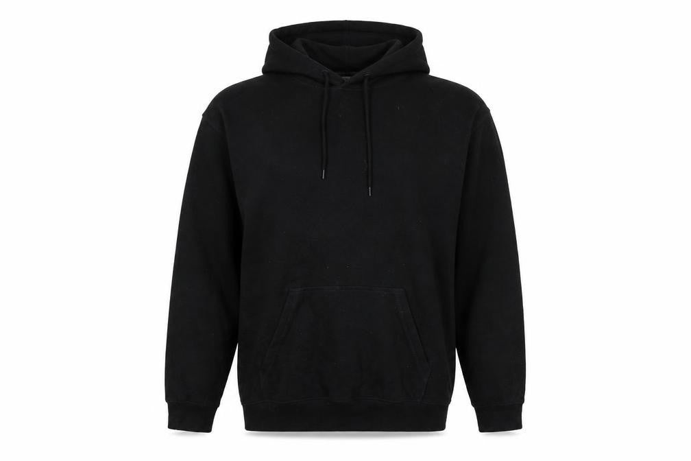 Front view of Atmosphere men’s black cotton pullover hoodie, size M