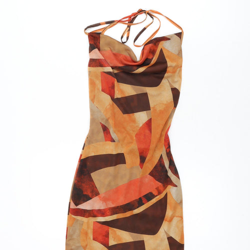 PRETTYLITTLETHING Womens Orange Geometric Polyester Bodycon Size 6 Cowl Neck Tie
