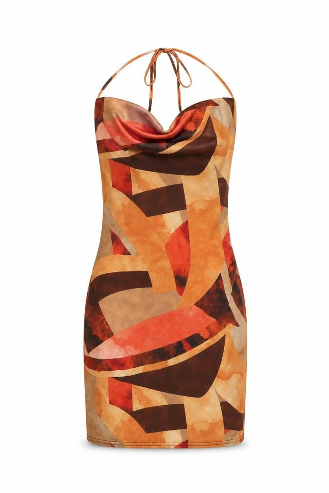 Front view of PRETTYLITTLETHING women’s orange geometric polyester bodycon, size UK 6, cowl neck tie