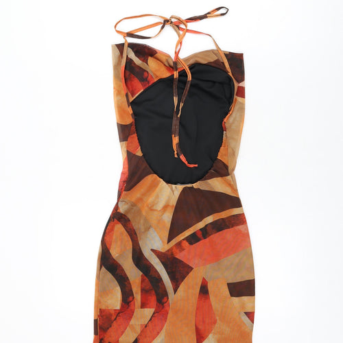 PRETTYLITTLETHING Womens Orange Geometric Polyester Bodycon Size 6 Cowl Neck Tie