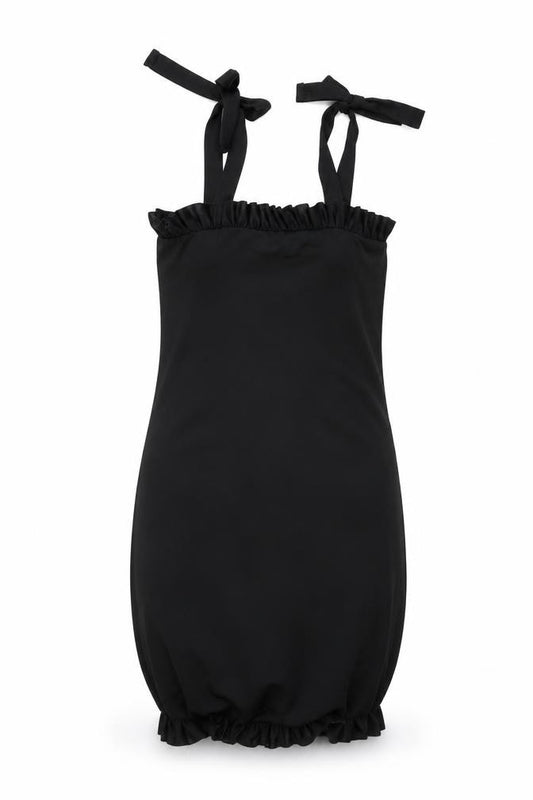 Front view of PRETTYLITTLETHING women’s black polyester bodycon, size UK 8, square neck tie