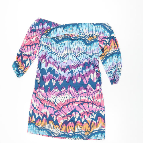NEXT Womens Multicoloured Geometric Polyester Basic T-Shirt Size 14 Off the Shoulder