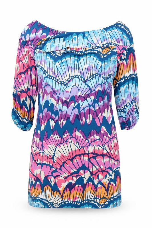 Front view of Next women’s multicoloured geometric polyester basic t-shirt, size UK 14, off the shoulder