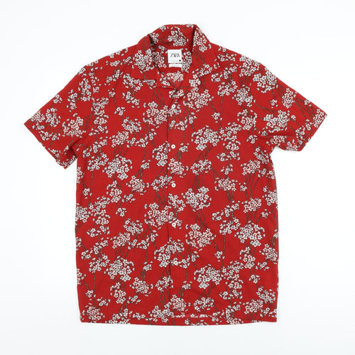 Zara Mens Red Floral Polyester Button-Up Size M Collared Button