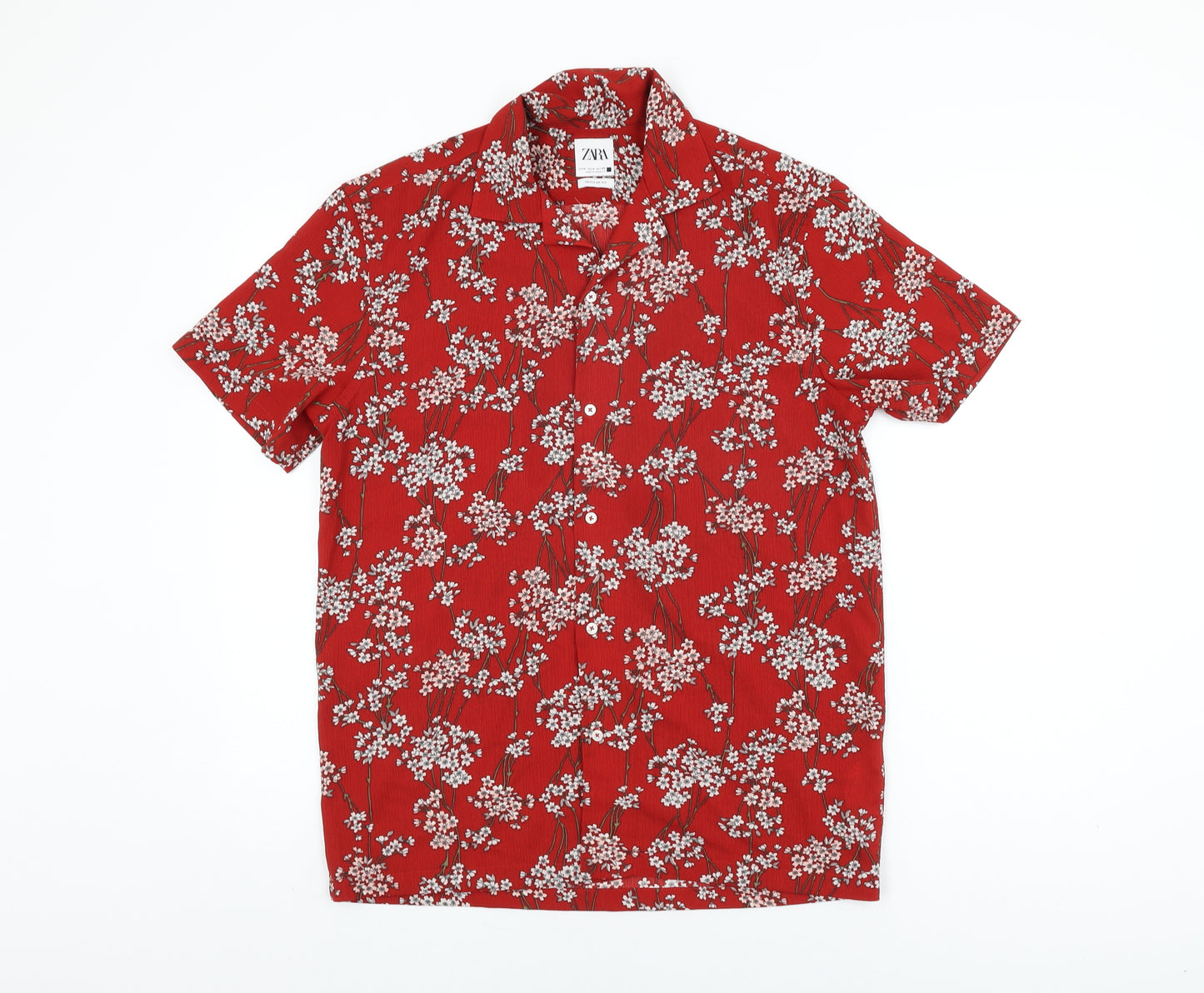 Zara Mens Red Floral Polyester Button-Up Size M Collared Button