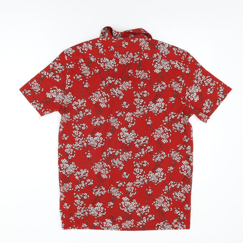 Zara Mens Red Floral Polyester Button-Up Size M Collared Button
