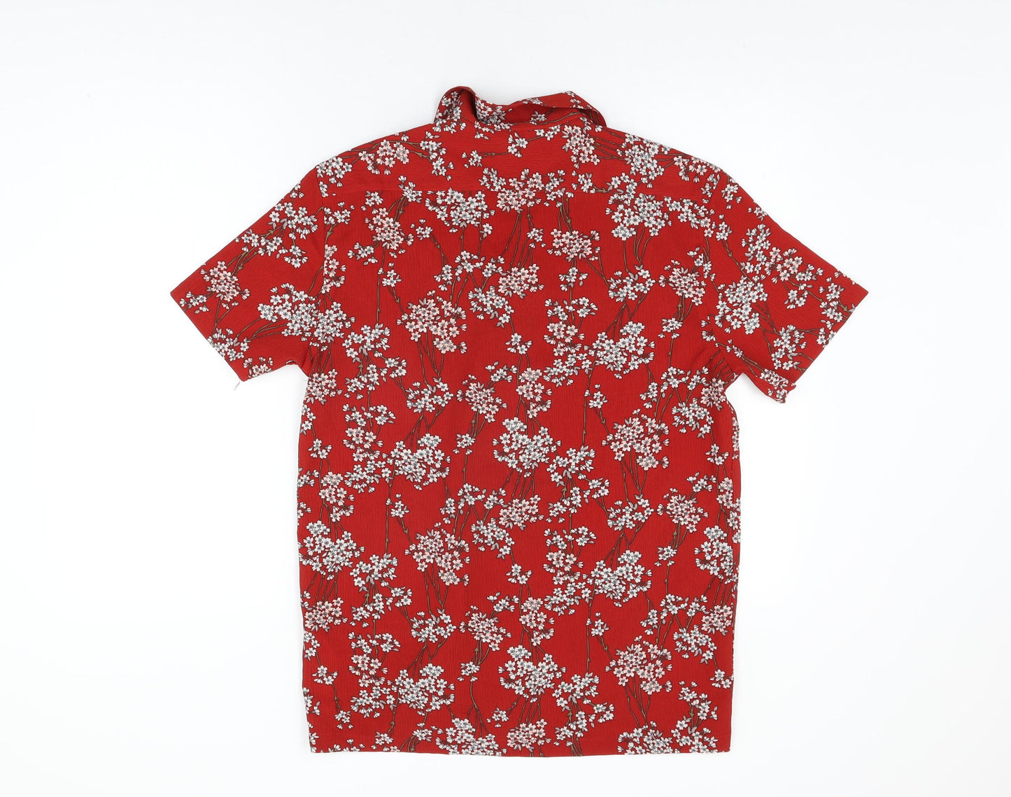 Zara Mens Red Floral Polyester Button-Up Size M Collared Button
