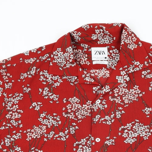 Zara Mens Red Floral Polyester Button-Up Size M Collared Button