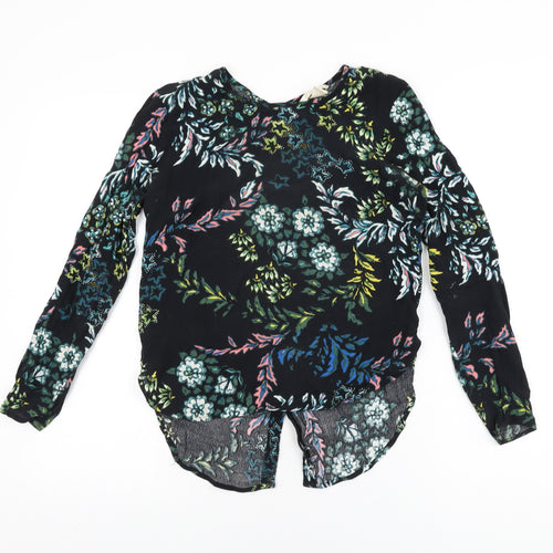 H&M Womens Black Floral Viscose Basic T-Shirt Size 4 Round Neck