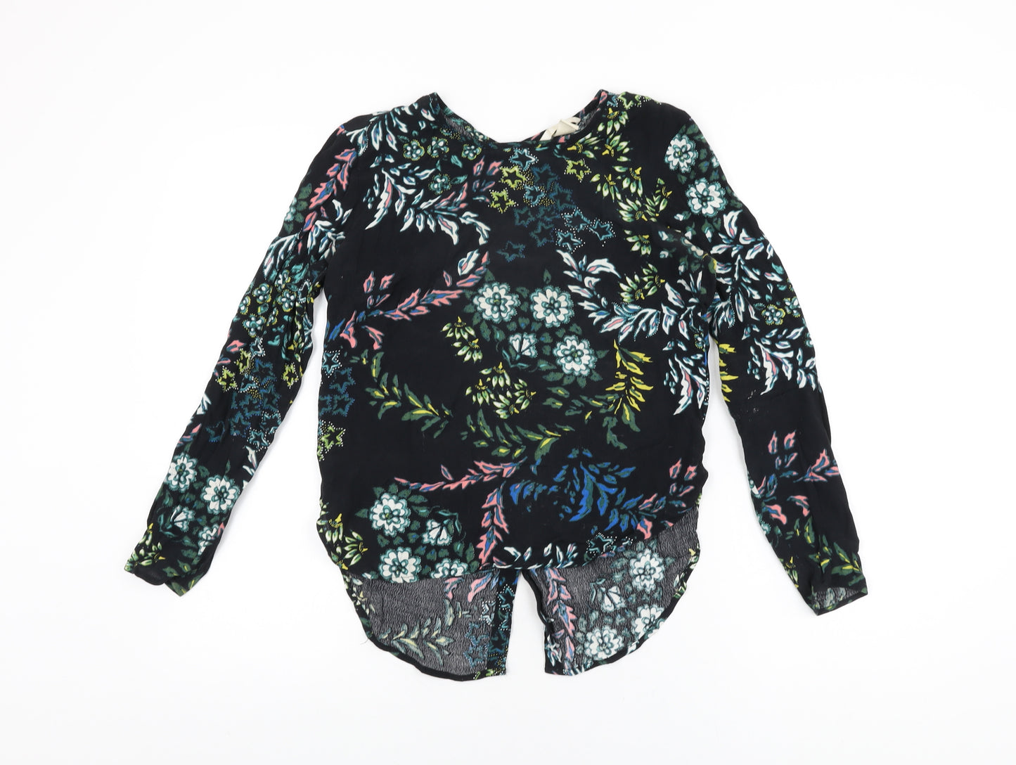 H&M Womens Black Floral Viscose Basic T-Shirt Size 4 Round Neck