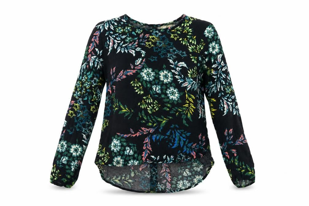 Front view of H&M women’s black floral viscose basic t-shirt, size UK 4, round neck