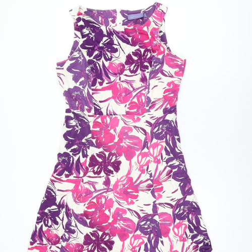 Autonomy Womens White Floral Cotton A-Line Size 14 Round Neck Zip