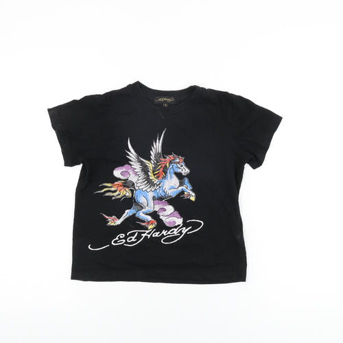 Ed Hardy Boys Black Cotton Basic T-Shirt Size 6 Years Round Neck Pullover