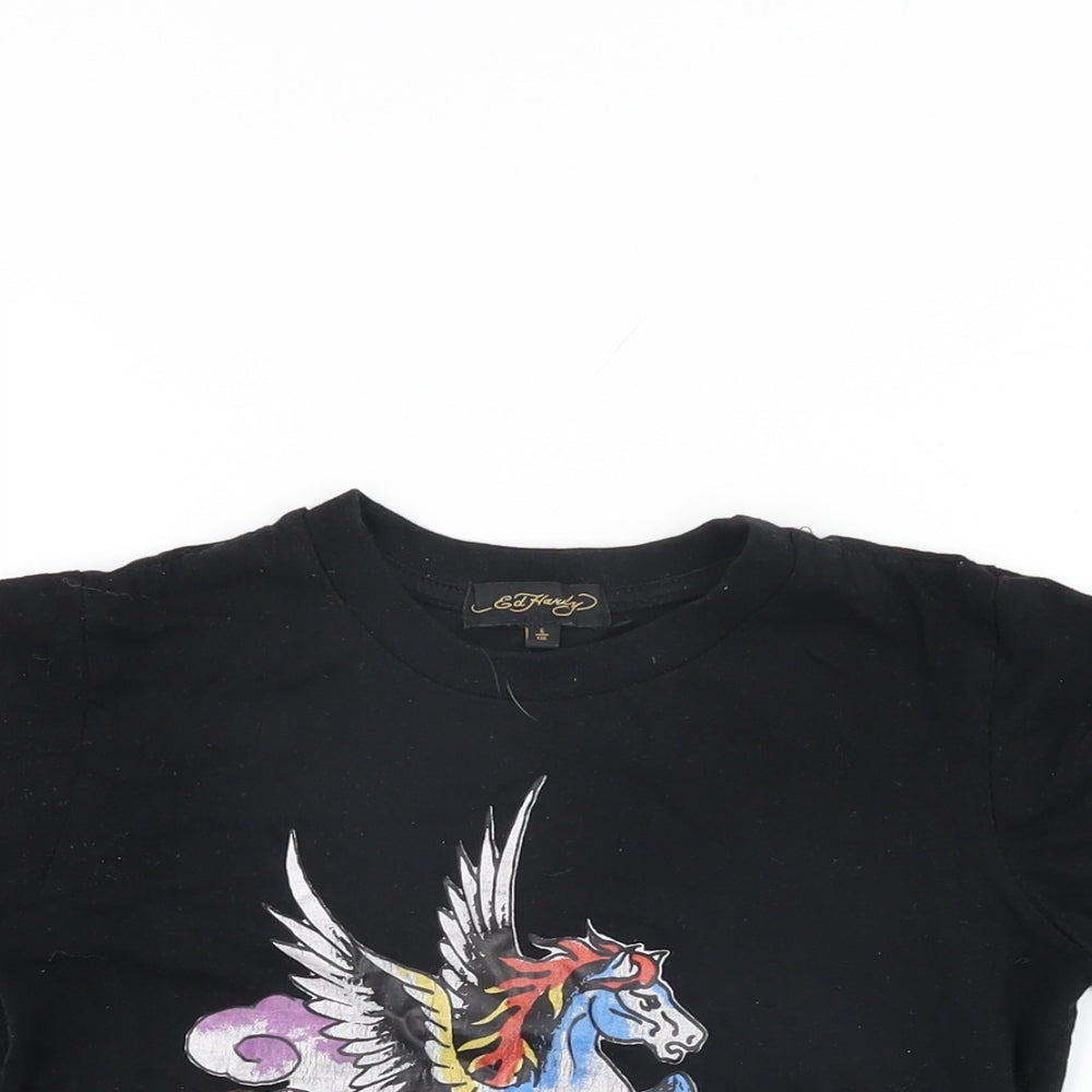 Ed Hardy Boys Black Cotton Basic T-Shirt Size 6 Years Round Neck Pullover