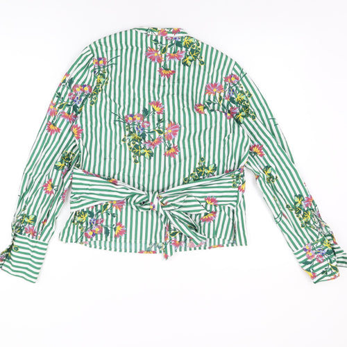Marks and Spencer Womens Green Striped Cotton Wrap T-Shirt Size 10 V-Neck