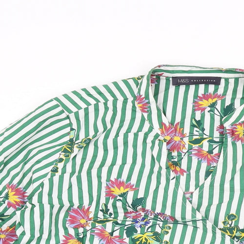 Marks and Spencer Womens Green Striped Cotton Wrap T-Shirt Size 10 V-Neck