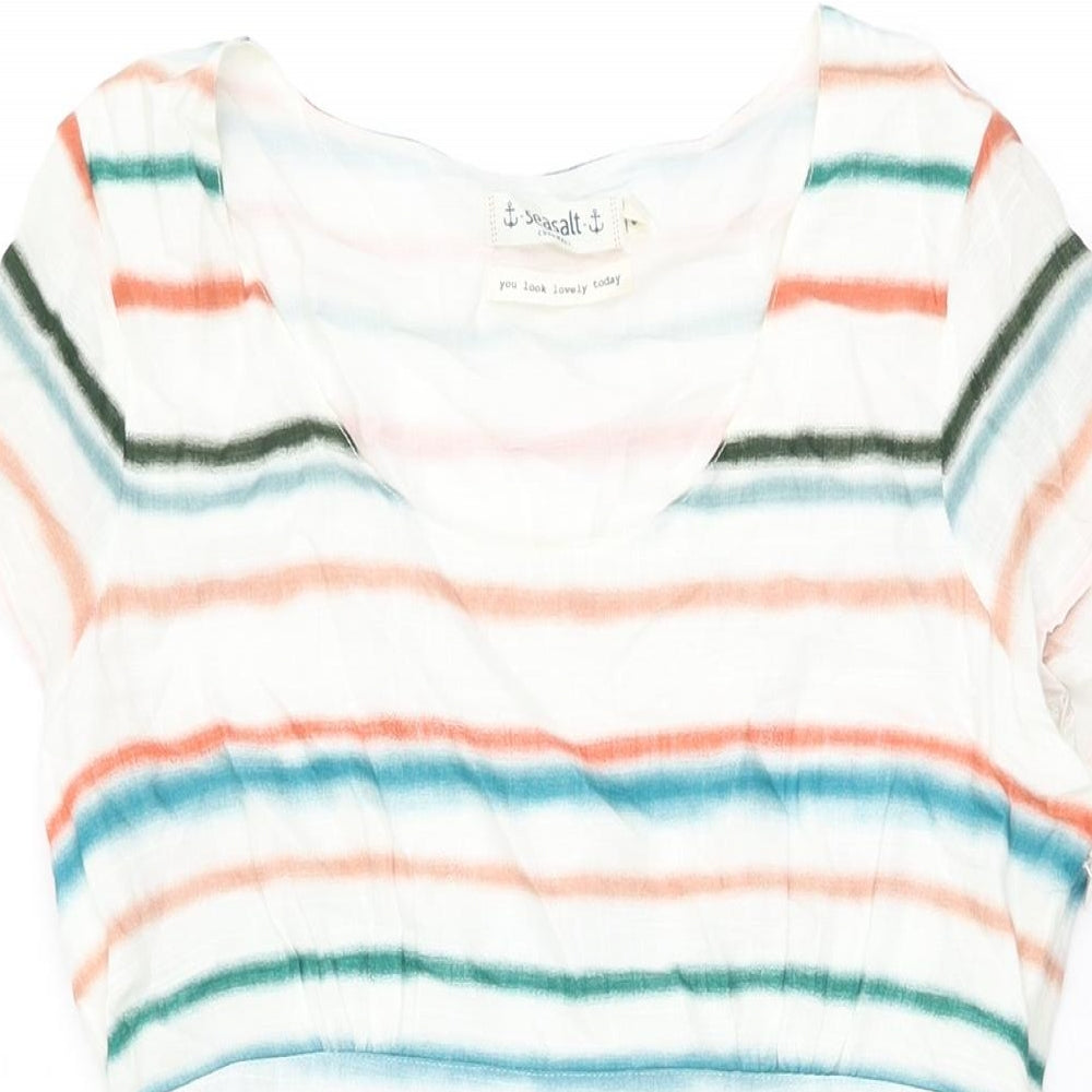 Seasalt Womens White Striped Cotton A-Line Size 10 Round Neck Zip