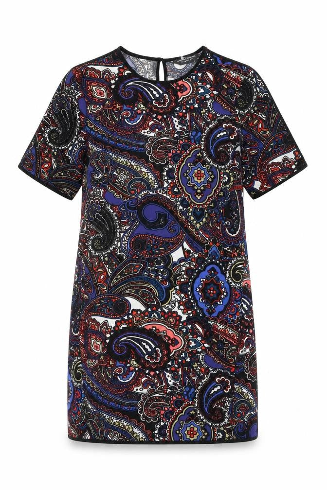 Front view of Dorothy Perkins women’s black geometric polyester shift, size UK 8, round neck button