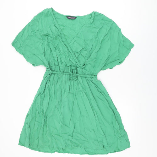 Marks and Spencer Womens Green Viscose Skater Dress Size 14 V-Neck Tie