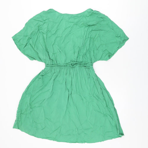 Marks and Spencer Womens Green Viscose Skater Dress Size 14 V-Neck Tie