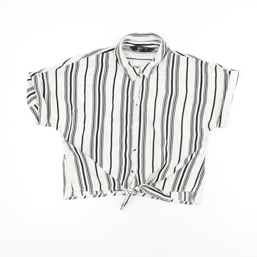 New Look Girls White Striped Polyester Basic Button-Up Size 12 Years Collared Button