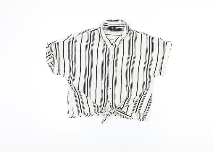 New Look Girls White Striped Polyester Basic Button-Up Size 12 Years Collared Button