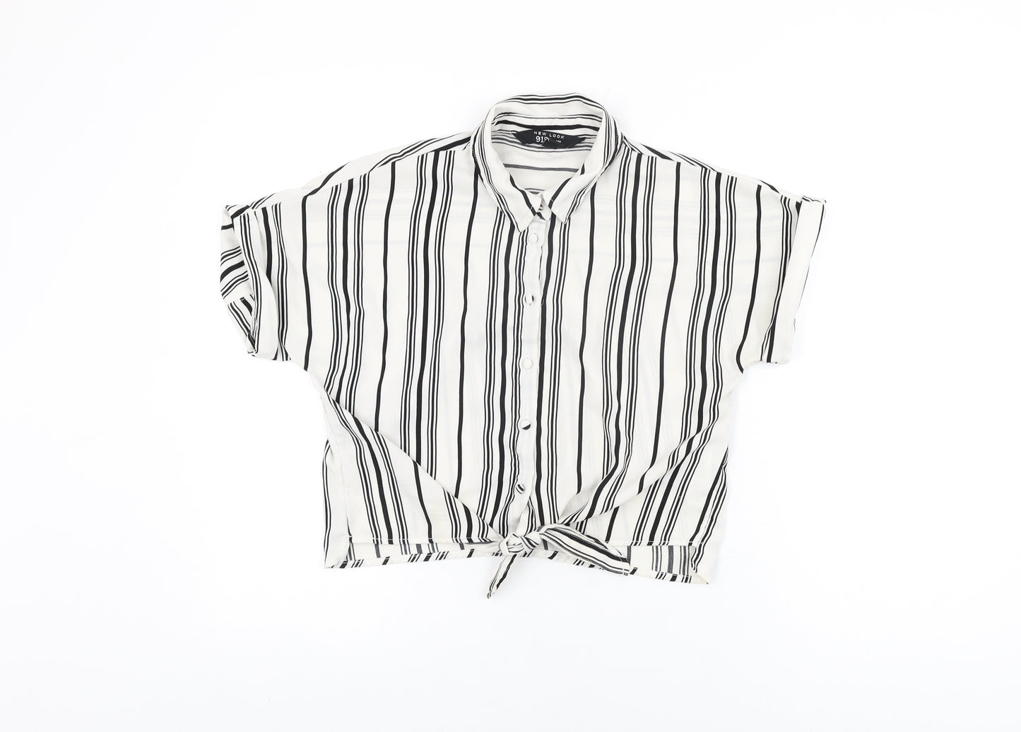 New Look Girls White Striped Polyester Basic Button-Up Size 12 Years Collared Button