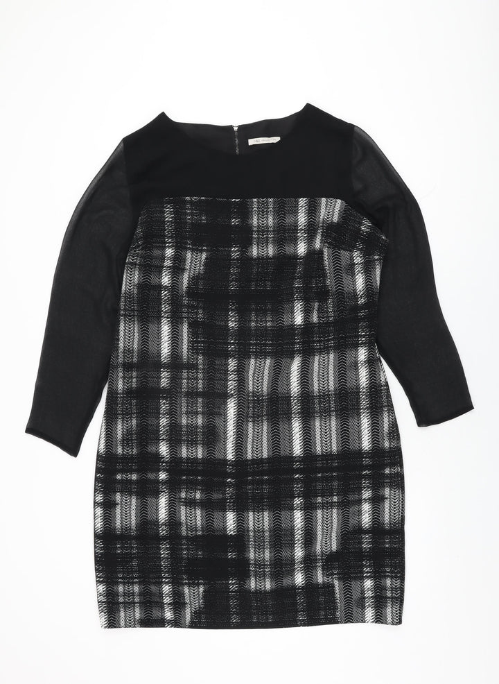 Marks and Spencer Womens Black Geometric Polyester Shift Size 16 Round Neck Zip