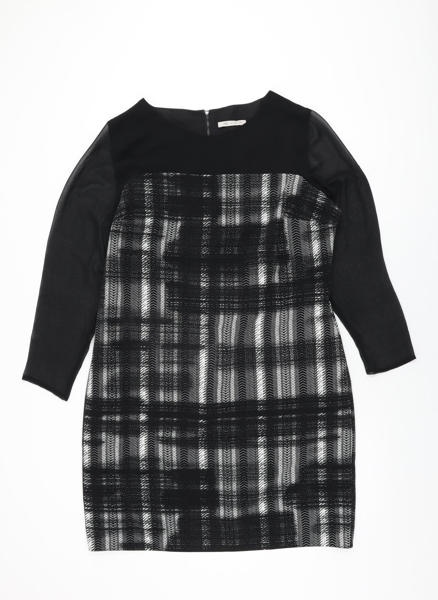 Marks and Spencer Womens Black Geometric Polyester Shift Size 16 Round Neck Zip