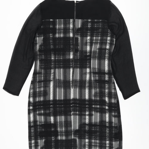 Marks and Spencer Womens Black Geometric Polyester Shift Size 16 Round Neck Zip