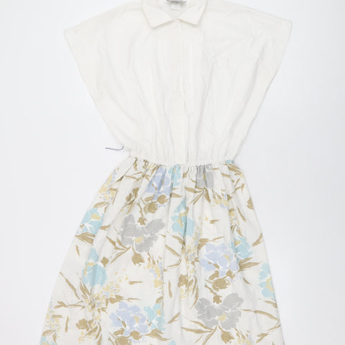 Sabino Womens White Floral Cotton A-Line Size 12 Collared Button