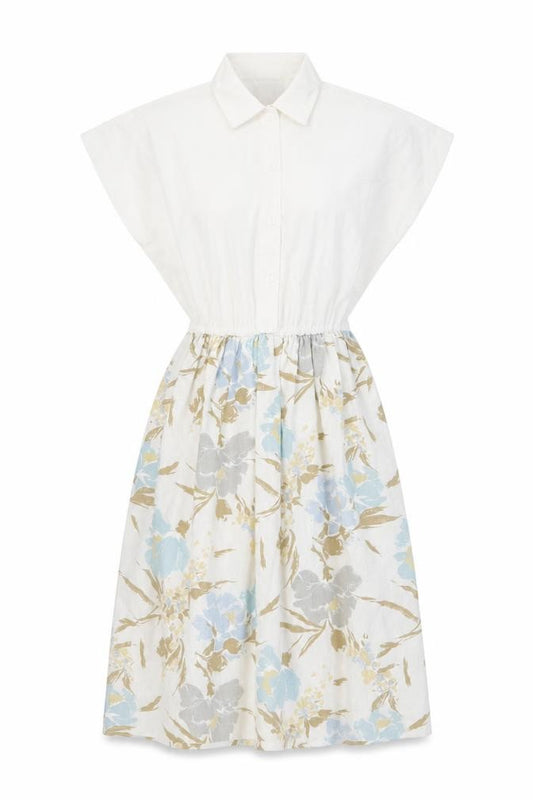 Front view of Sabino women’s white floral cotton a-line, size UK 12, collared button