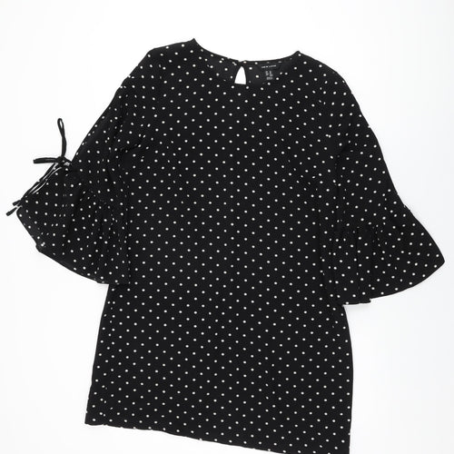 New Look Womens Black Polka Dot Polyester Shift Size 14 Round Neck Button