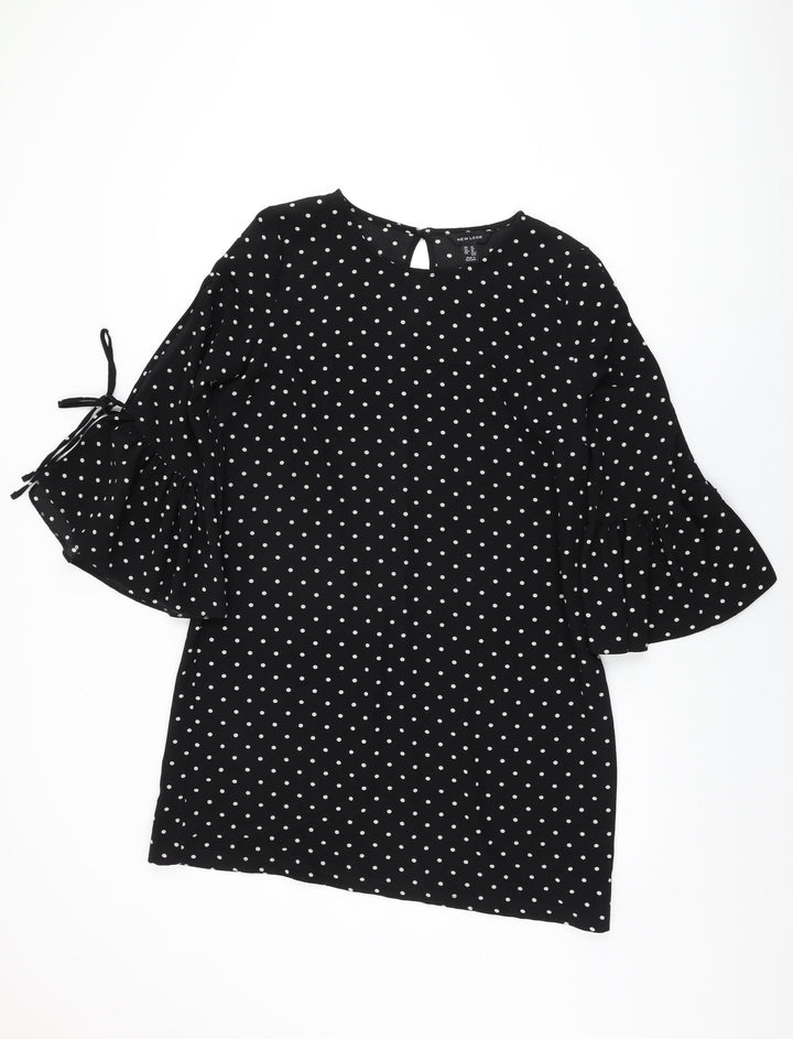New Look Womens Black Polka Dot Polyester Shift Size 14 Round Neck Button