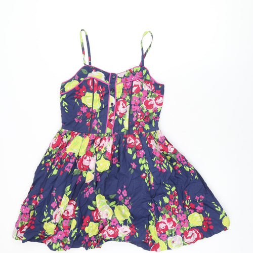 Johnnie B Womens Blue Floral Cotton Skater Dress Size S V-Neck Zip
