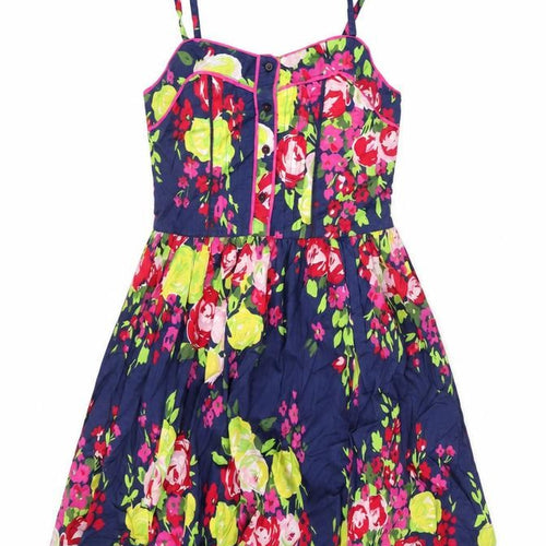 Johnnie B Womens Blue Floral Cotton Skater Dress Size S V-Neck Zip