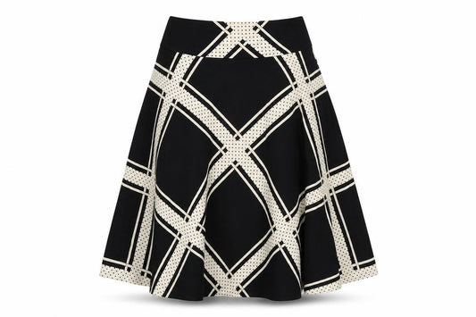 Front view of Oasis women’s black geometric cotton swing skirt, size UK 8, zip