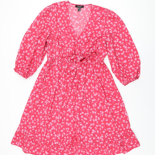 New Look Womens Pink Floral Polyester A-Line Size 12 V-Neck Pullover