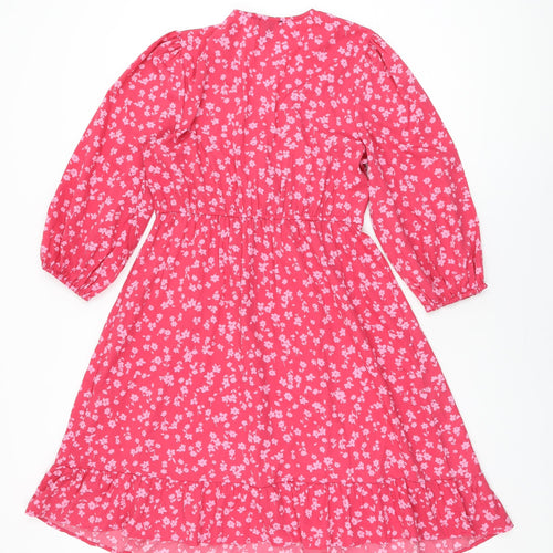 New Look Womens Pink Floral Polyester A-Line Size 12 V-Neck Pullover
