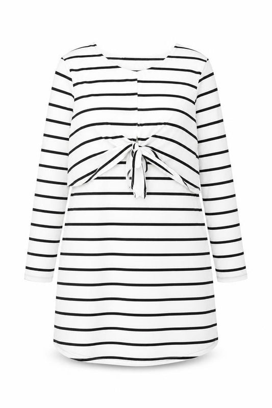 Front view of Boohoo women’s white striped polyester shift, size UK 12, round neck pullover