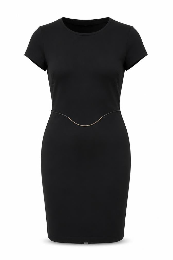 Front view of Kaleidoscope women’s black polyester bodycon, size UK 10, round neck pullover