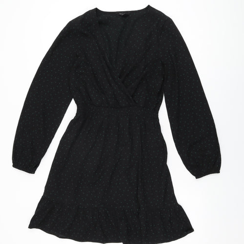 New Look Womens Black Polka Dot Polyester Skater Dress Size 10 V-Neck Pullover