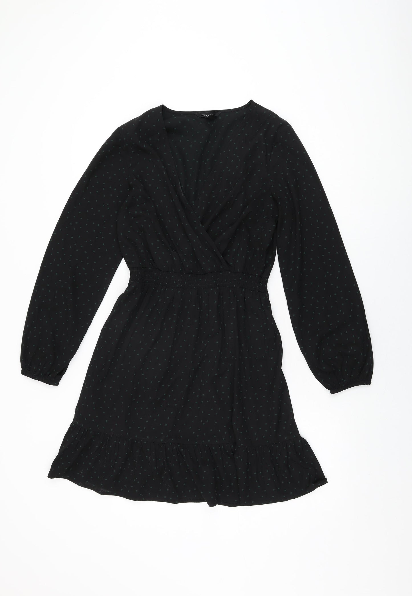 New Look Womens Black Polka Dot Polyester Skater Dress Size 10 V-Neck Pullover