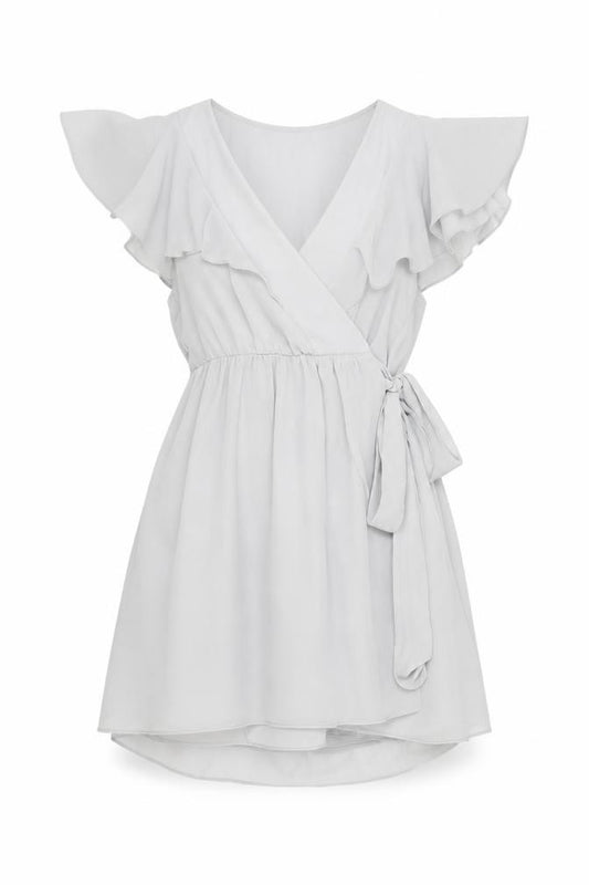 Front view of Topshop women’s grey polyester wrap dress, size UK 10, v-neck tie