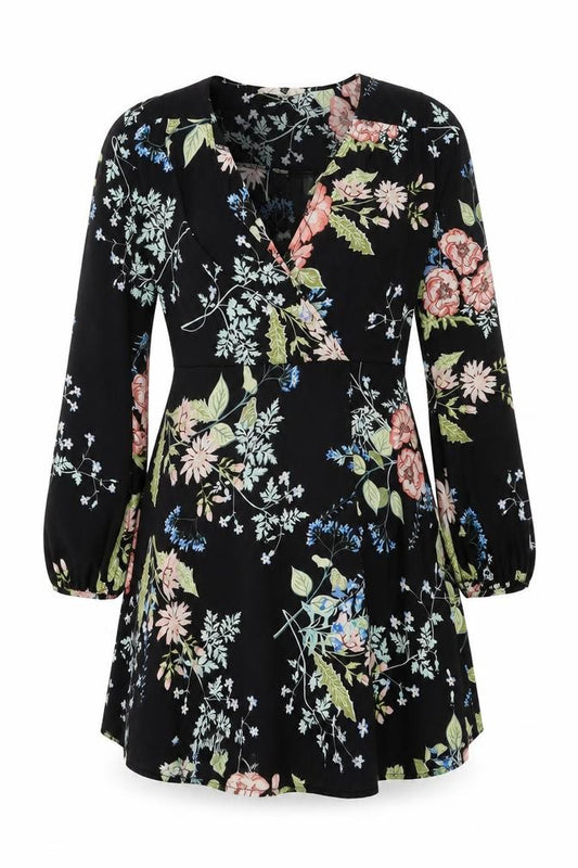 Front view of Urban renewal women’s black floral polyester wrap dress, size S, v-neck zip