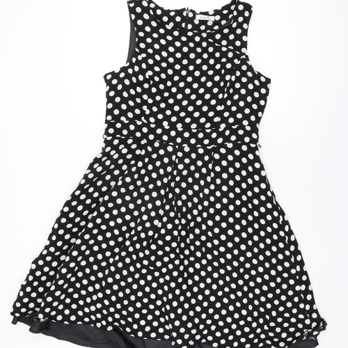 Yessica Womens Black Polka Dot Viscose A-Line Size 16 Round Neck Zip