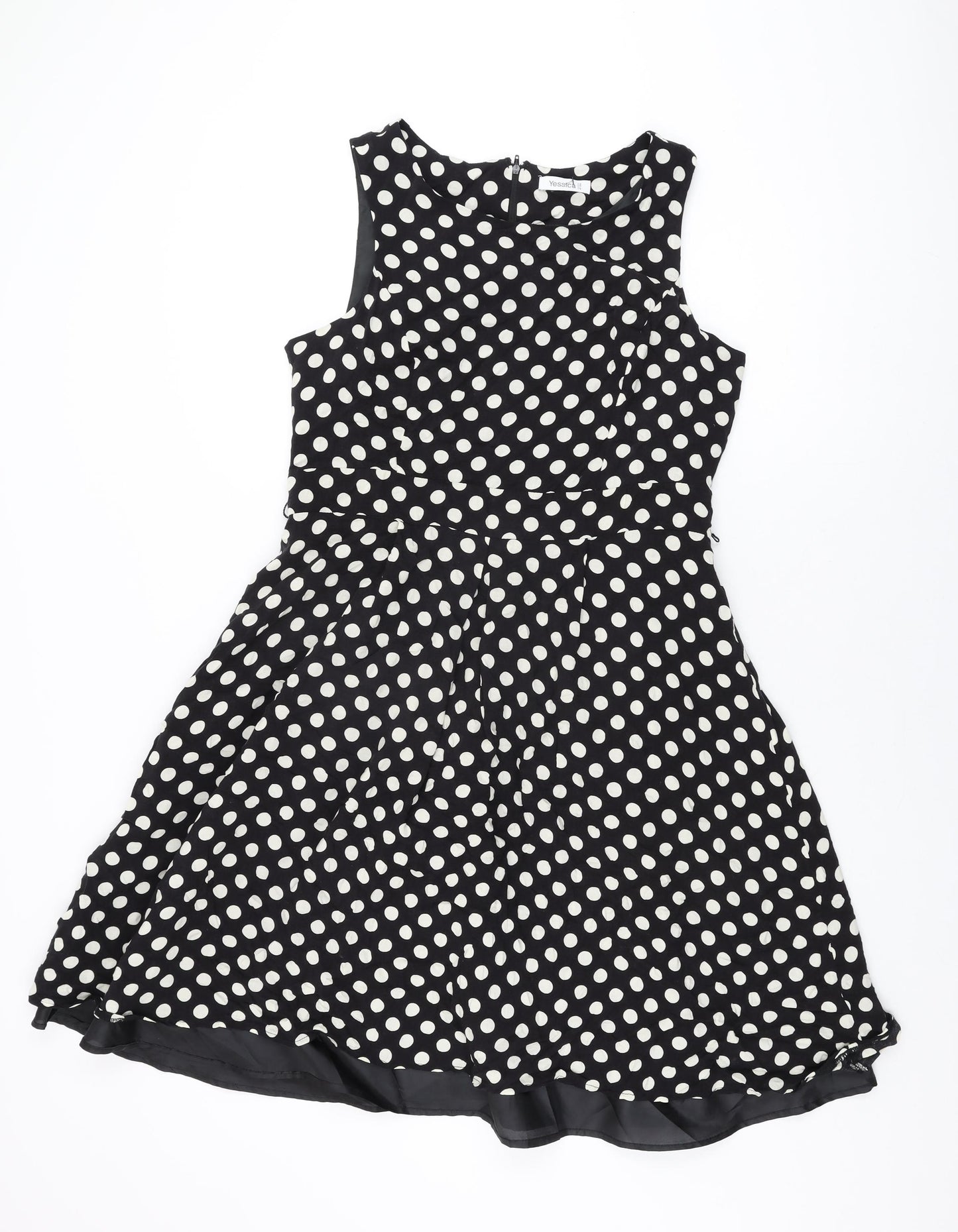 Yessica Womens Black Polka Dot Viscose A-Line Size 16 Round Neck Zip