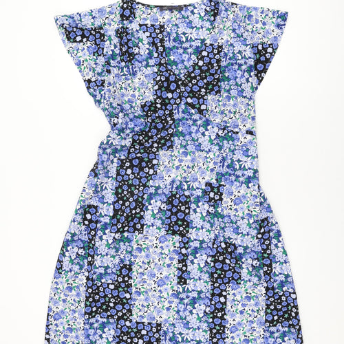 Marks and Spencer Womens Blue Floral Polyester A-Line Size 16 V-Neck Pullover