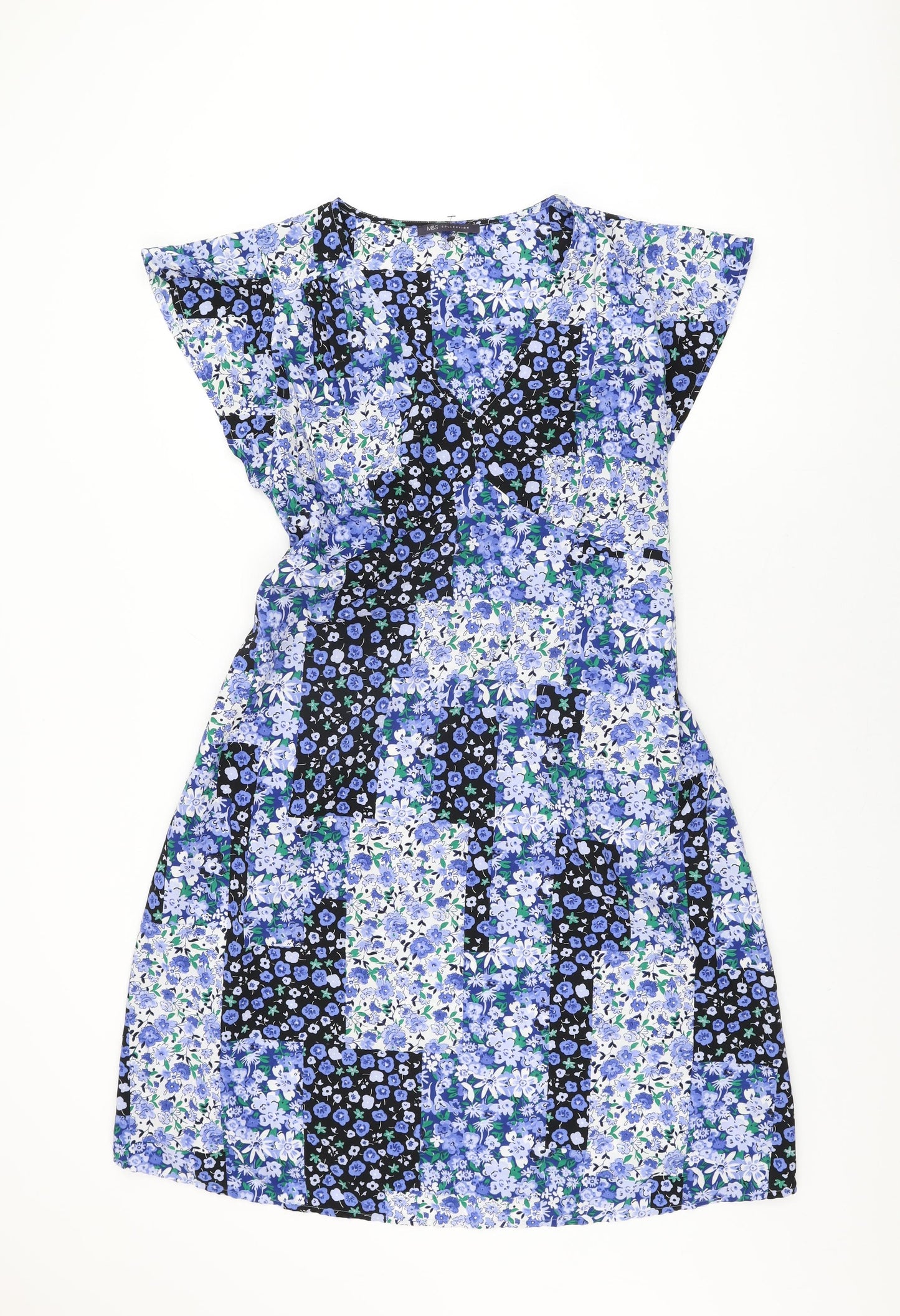 Marks and Spencer Womens Blue Floral Polyester A-Line Size 16 V-Neck Pullover