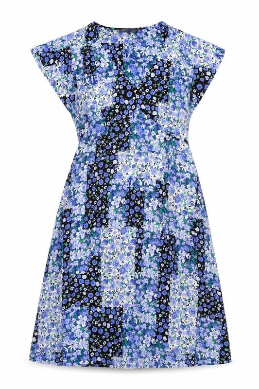 Front view of Marks & Spencer women’s blue floral polyester a-line, size UK 16, v-neck pullover